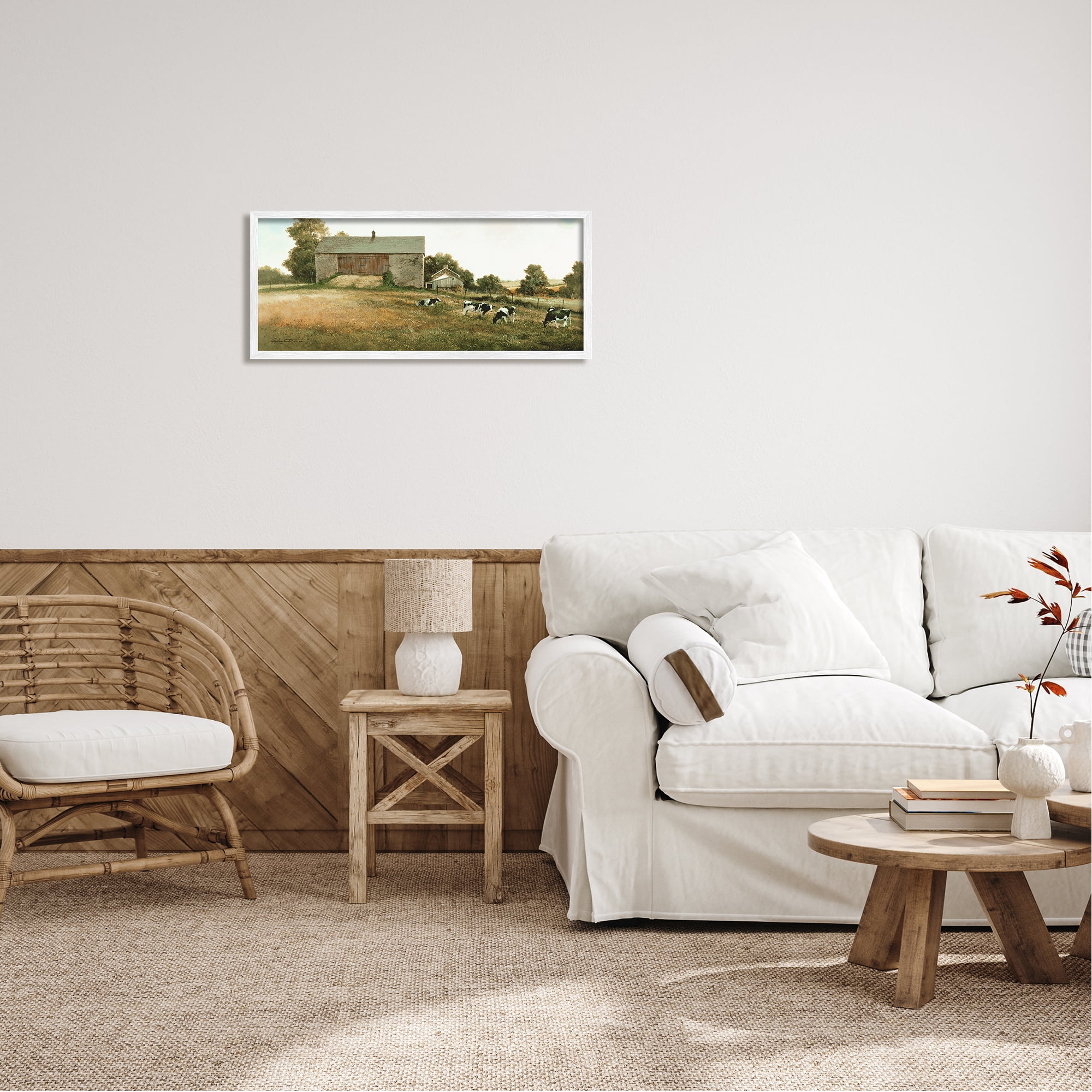 Stupell Industries Traditional Cows Grazing Animals & Insects Painting White Framed Art Print Wall Art, 30 x 13