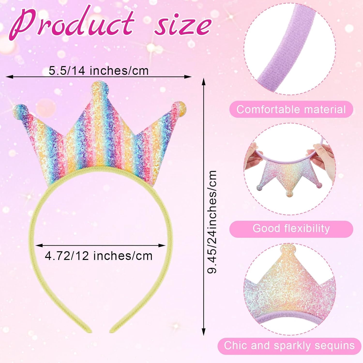 12 Pack Princess Party Favors Princess Crowns Headband Decorations Glitter Sequin Headband for Birthday Proms Gifts(Light Colors,Glitter)