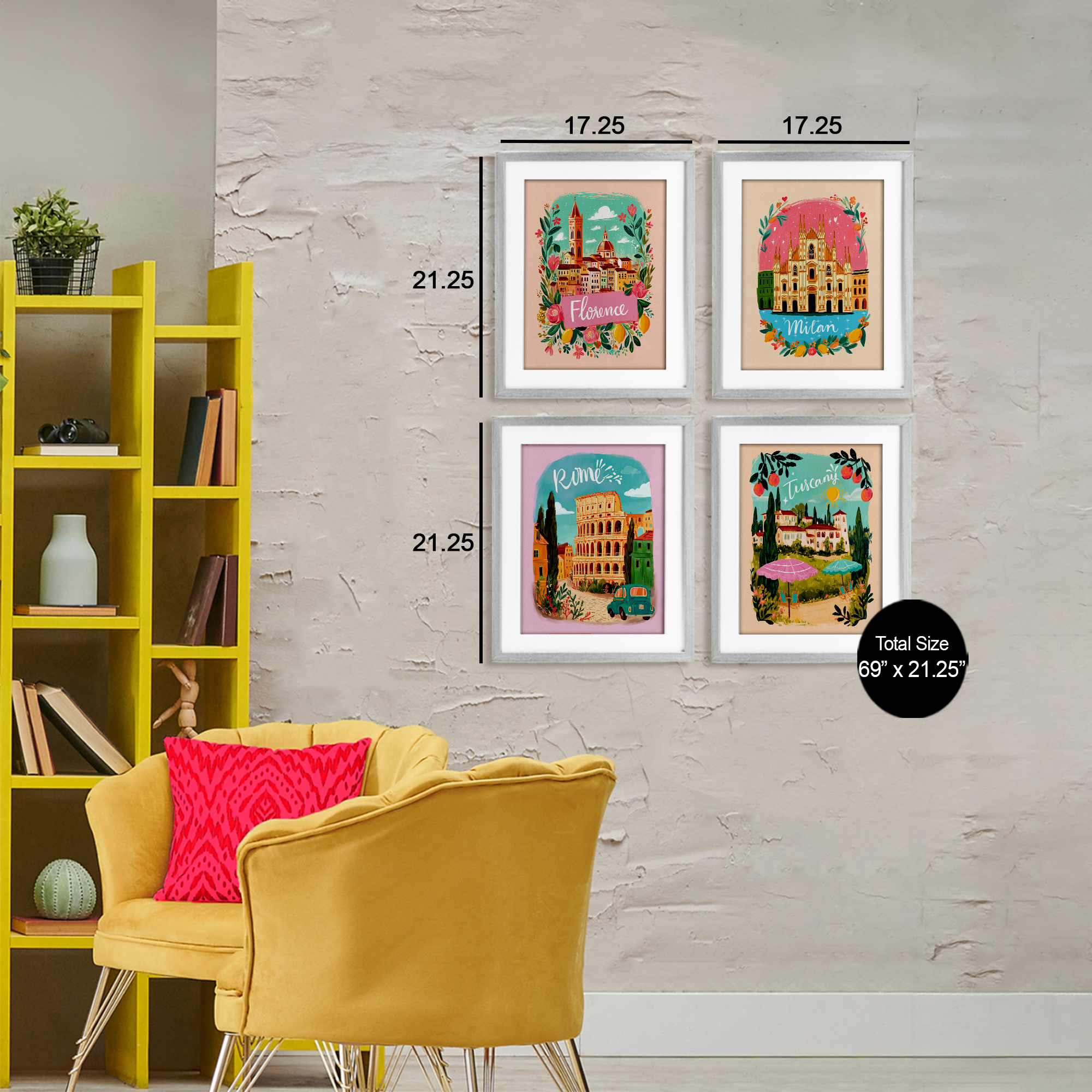 Italy Travel Locations with Florals 4 Piece Gray Framed Print Under Glass Set, design by Yen