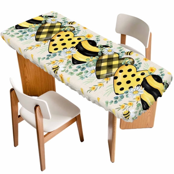 Bee Love Table Cloths for 8 Foot Rectangle Tables, Daisy Eucalyptus Leaves Linen Rustic Beige Patio Waterproof Elastic Fitted Tablecloths, Washable Rectangular Table Cover for Camping