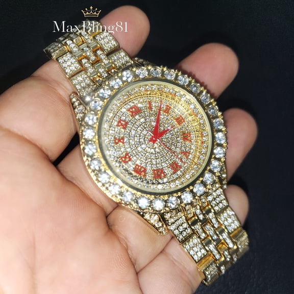 Men's Watch Hip Hop Iced Gold Plated Bling CZ Metal Band Fashion Dress Luxury