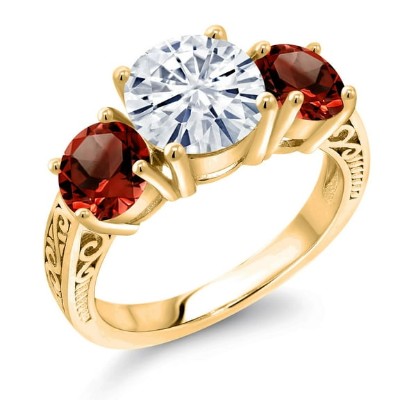 Gem Stone King 18K Yellow Gold Plated Silver White Moissanite and Red Garnet Engagement Ring for Women | 3.90 Cttw | Round 8MM | Gemstone Birthstone | Size 5
