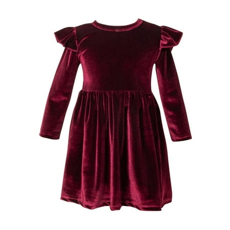 

Summer Savings! TAGOLD Infant Toddler Girls Solid Color Single Sided Velvet Lace Long Sleeves Ruched Dress Wine 12-18 Months