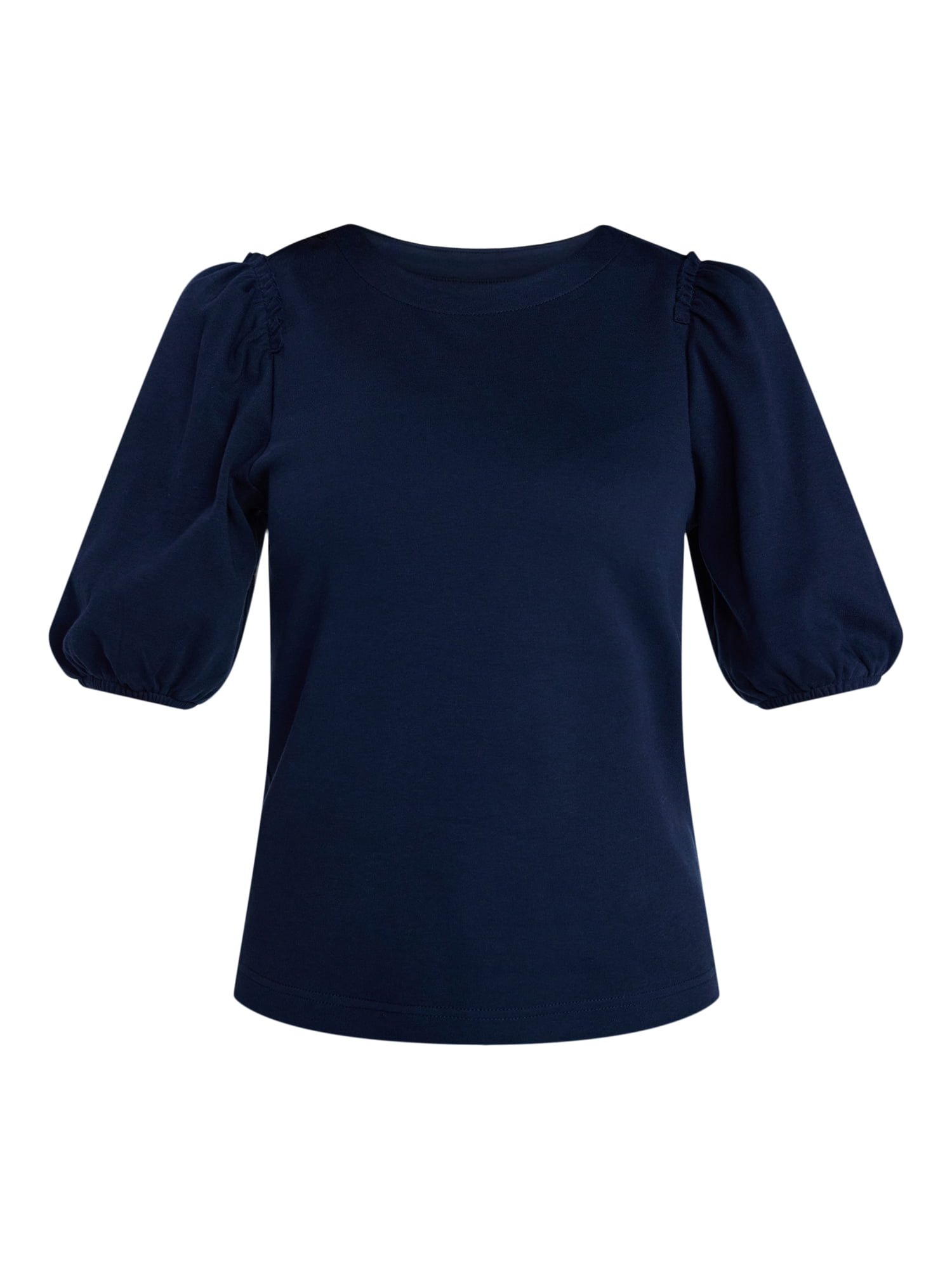 Time and Tru Women's Cotton Crewneck Tee with Puff Sleeves, Sizes XS-XXXL