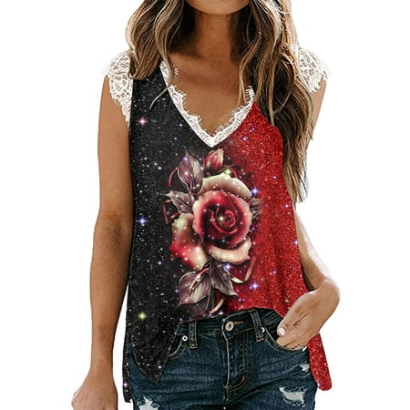 

KI-8jcuD Shirts Sleeveless Floral Casual Side Printed Vest Lace Summer Blouse Tank Women V Tops Neck Split Women s T-Shirts Women s Camisole Base Satin Top Women Pajama Top Athletic Tops for Women