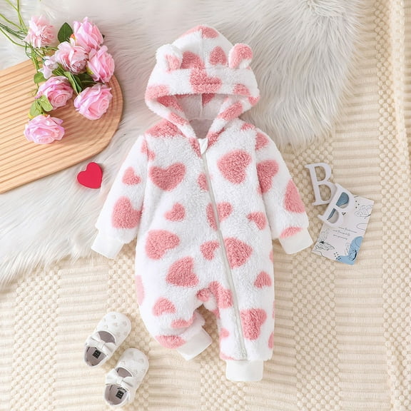 lulshou Baby Romper Baby Crawling Clothes Long Jumpsuit Baby Solid Color Printed Plush Jumpsuit Hooded Jumpsuit 0 Newborn Pajamas Bodysuit on Clearance