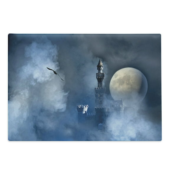 Fantasy Cutting Board, Castle on Clouds at Moon Night Scary Gothic Fiction Medieval Themed Evil Graphic, Decorative Tempered Glass Cutting and Serving Board, Large Size, Dark Blue, by Ambesonne