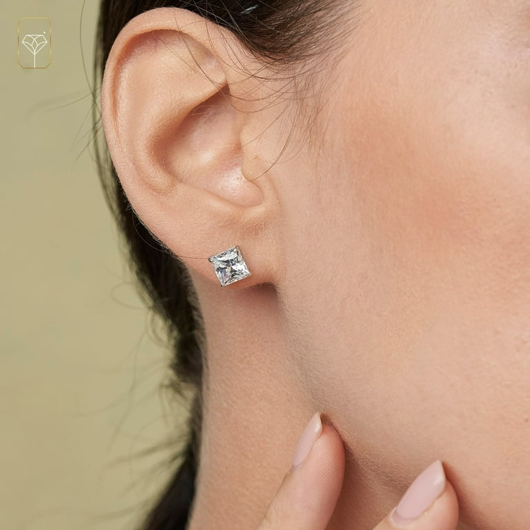 14k White Gold Princess Cut Swarovski CZ Stud Earrings for Women Men Cubic Zirconia Earrings Studs with Gold Earring Backs Square Earrings for