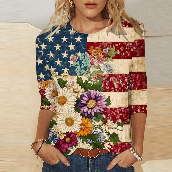 lcziwo 3/4 Length Sleeve Womens Tops Cotton Patriotic Holiday Tee Top Plus Size 4Th Of July Memorial Casual Summer Tshirt Multicolor XXL