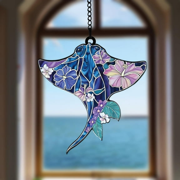 Floral Stingray Fish Acrylic Suncatcher, Faux Stained Glass Ocean Window Decor, Mini Manta Ray Gift for Beach Lovers, Sea Home Summer Decor
