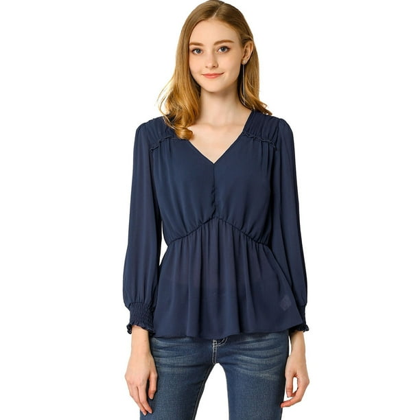 Blusa Allegra K Top cuello En V Color Sólido Manga Larga Volantes para Mujeres Azul Marino S