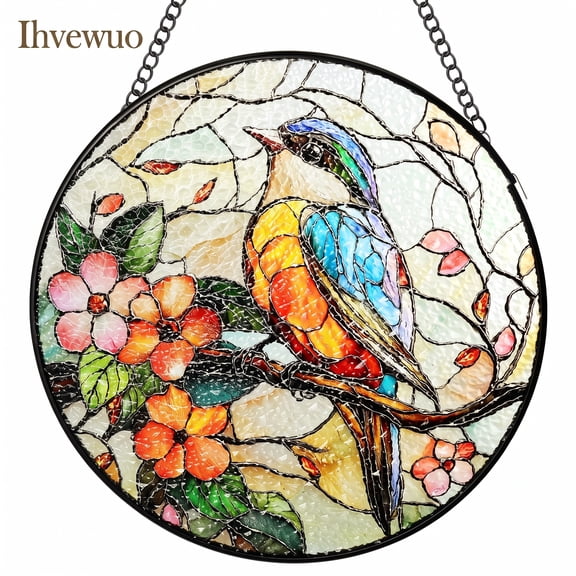 Stained Glass Window Hanging Bird Suncatcher 7.87 Inch, Glass Sun Catchers Indoor Window Decor with Chain and Hook