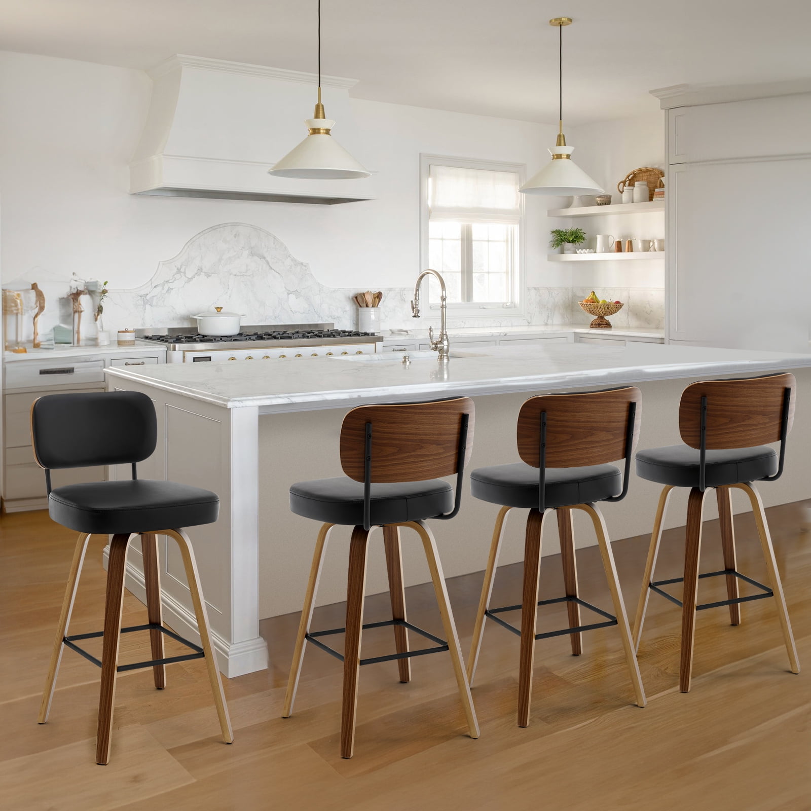 Foreate Swivel PU Bar Stools, Set of 4, 29" Bar Height Upholstered Leather with Mid-Back Wood Legs, Modern Chair Island Counter Stool for Kitchen, Black