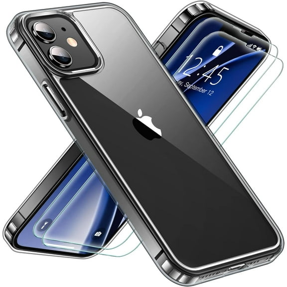 Heavy Duty Clear Phone Case Designed for Apple iPhone 12 Mini Transparent Case with 2 Tempered Glass Screen Protector, Shockproof Dropproof Slim Clear Case for Apple iPhone 12 Mini