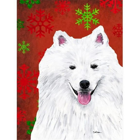 11 x 15 in. American Eskimo Red and Green Snowflakes Holiday Christmas Garden Size Flag