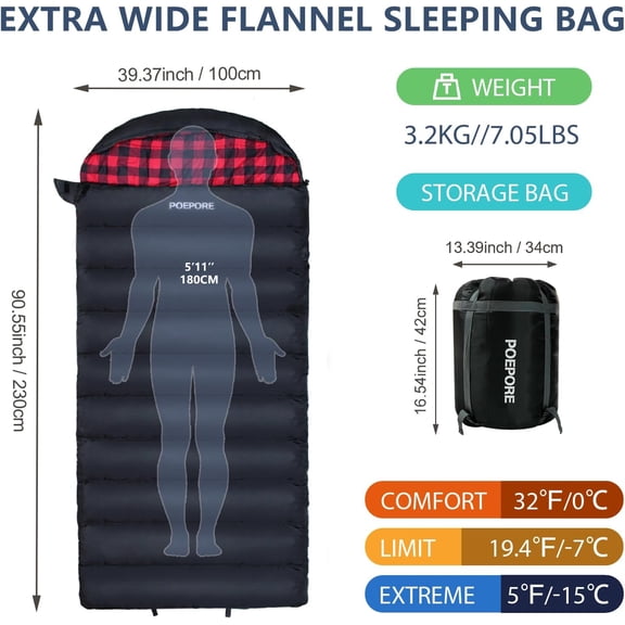 0 Degree Sleeping Bag  Cotton Flannel XXL Cold Weather Winter Oversized Sleeping Bag for Adults Camping Zero Degree Big and Tall with Compression Sack