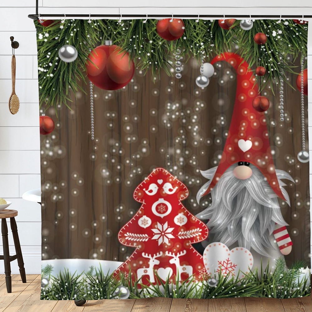 Merry Christmas Gnome Shower Curtain - Red & Green Farmhouse Holiday Bath Decor, 70x70 Inches With Hooks