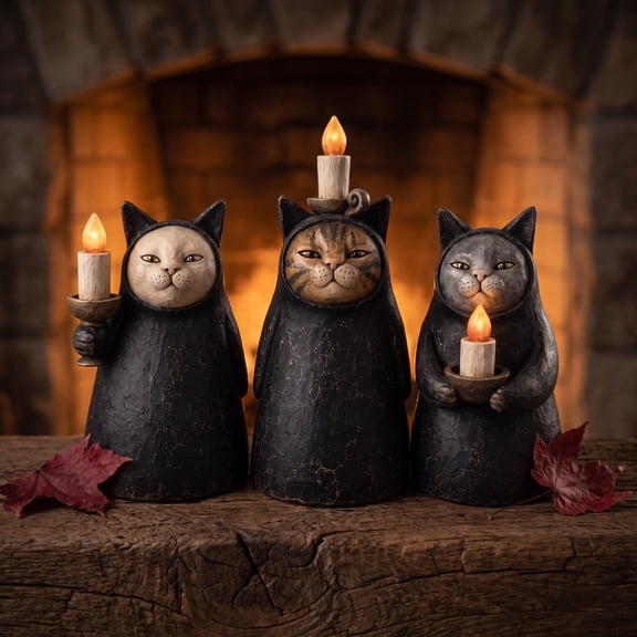 Mysterious Hooded Cat Candlelight Figurine Halloween Decor Set with Warm Flameless Ambiance Vintage LED Halloween Tabletop Decor for Shelves and Mantels