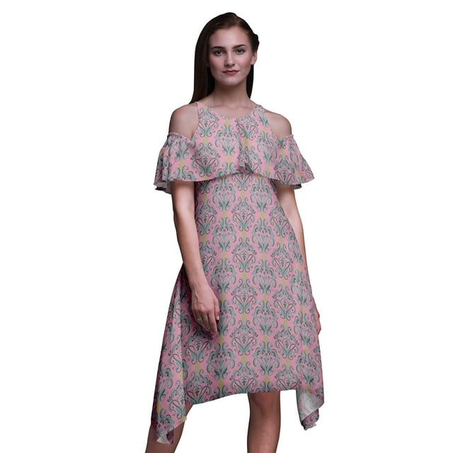 Bimba Pink Damask Print Womens Chic Style Cold Shoulder Shift Dress Summer Tunic - Small