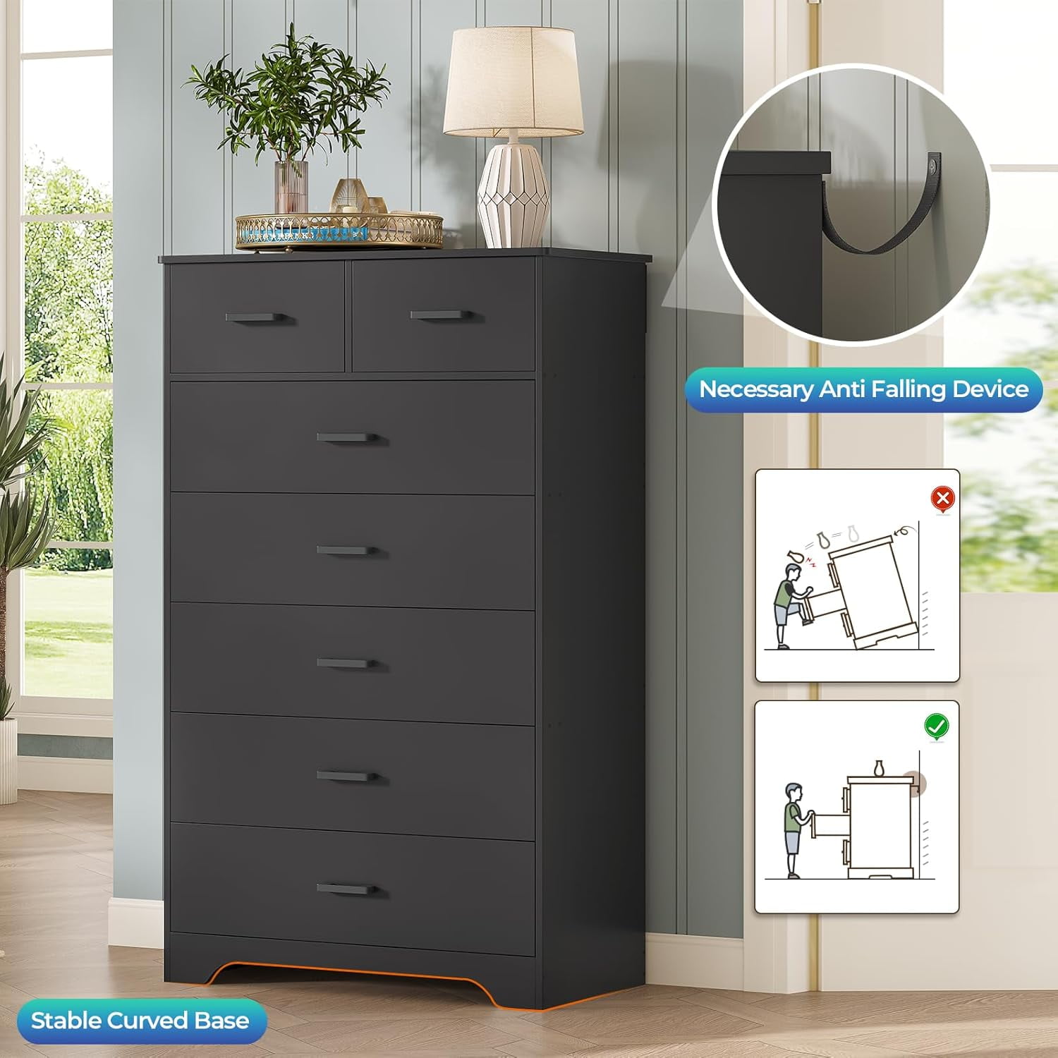 Tall Dresser for Bedroom with 7 Drawers, Modern Black Dresser/Chest of Drawers with Metal Handle, Vertical Bedroom Dresser or Storage Cabinets for Living Room Hallway