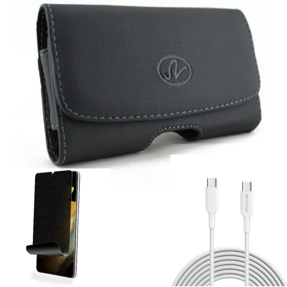 6ft Long Type-C Cable & Case Belt Clip & Privacy Screen Protector for Samsung Galaxy S22 Plus (S22 ) - Combo PD Fast Charger Cord Power Wire & Leather Swivel Holster & TPU Film (Fingerprint)