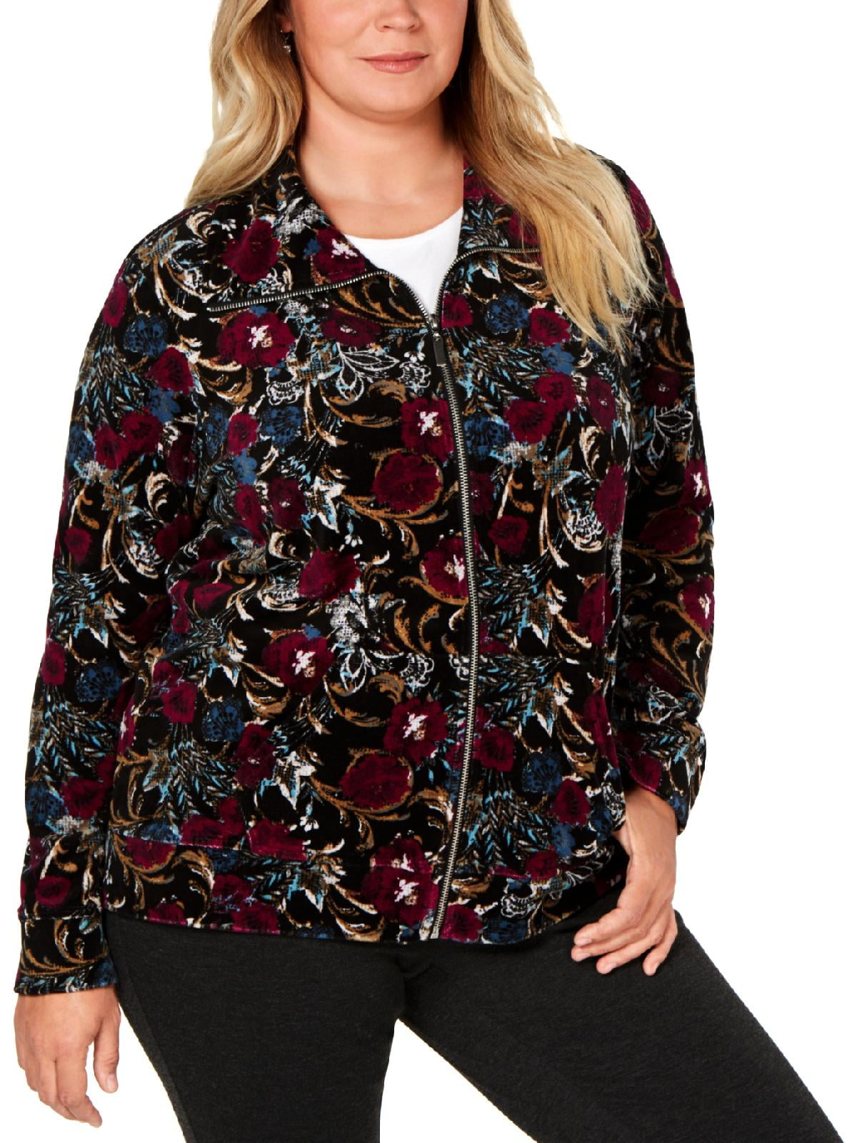 Karen Scott Karen Scott Womens Plus Casual Velvet Athletic Jacket