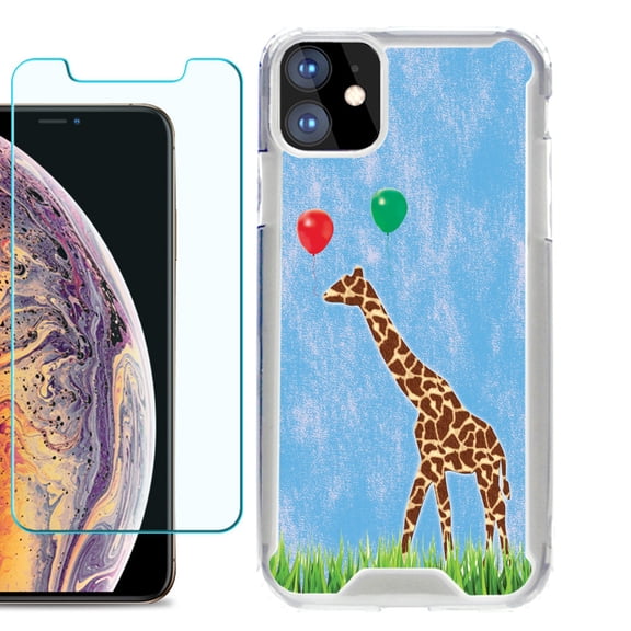 For Apple iPhone 11 Case, Hybrid Bumper Phone Case, with Tempered Glass Screen Protector, by OneToughShield ® - Giraffe/Balloon