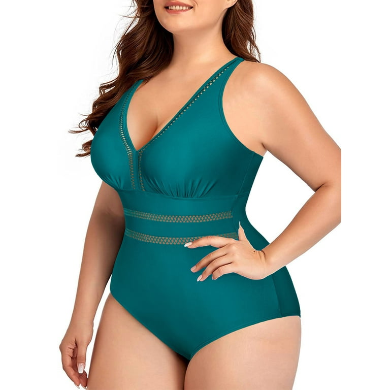 Chama Plus Size One Piece V-neck Swimsuit for Women Hollow Out Bathing  Suits Tummy Control Swimwear Set 