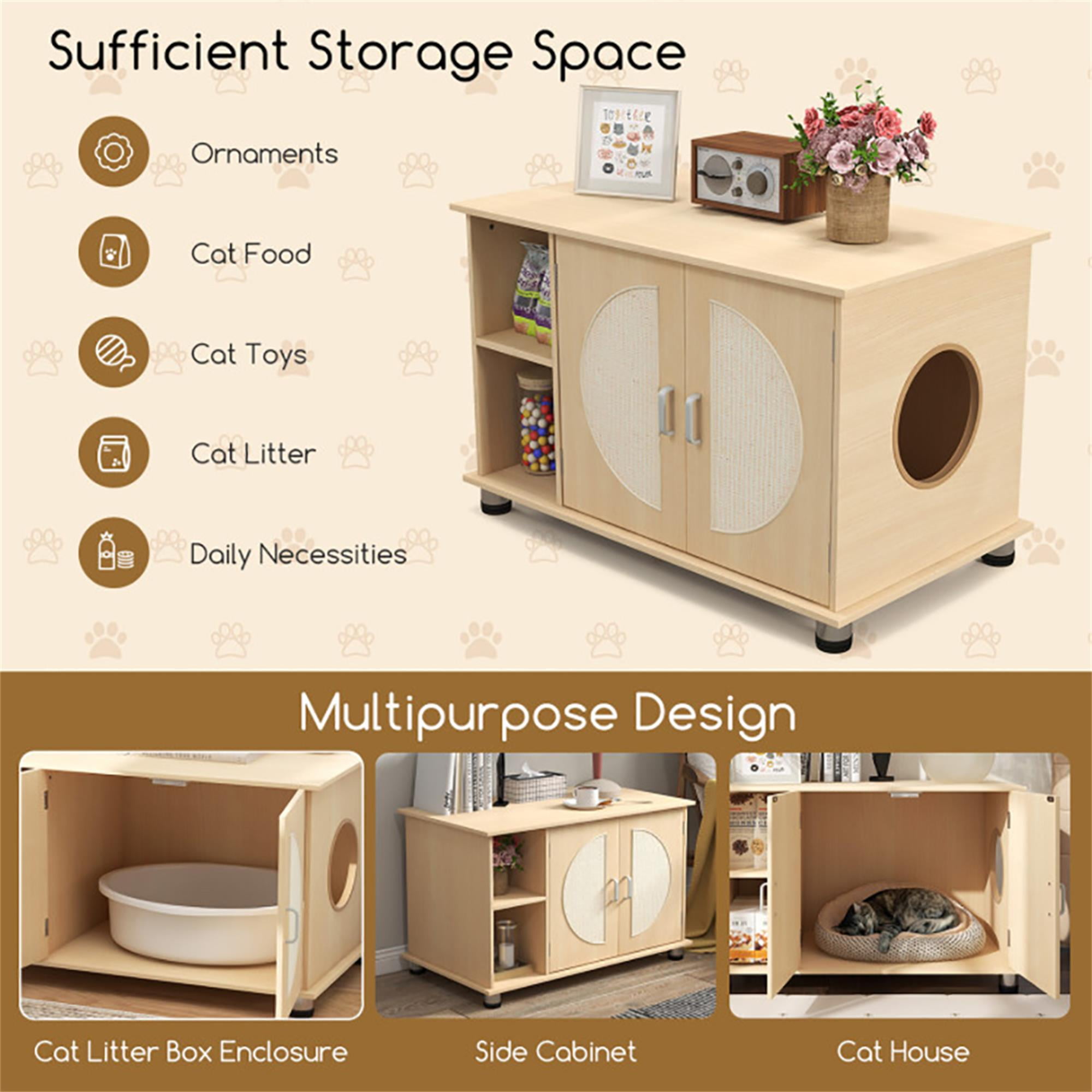 Kadyn 32" Wood Cat Litter Box Enclosure Furniture with Sisal Scratching Doors, Adjustable Metal Feet Cat Washroom Storage, Beige
