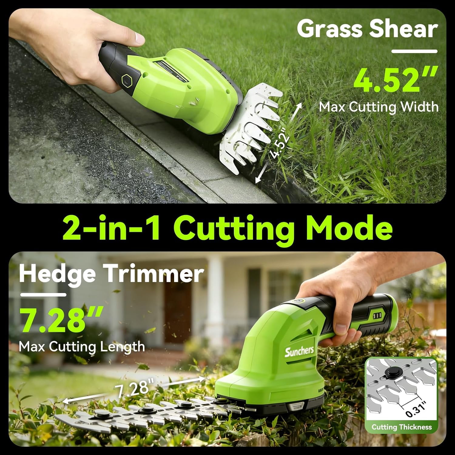 2 in 1 Hedge Trimmer Cordless, 7.2V Electric Grass Cutter and Hedge Shears, Handheld Shrub Bush Trimmer, Lightweight Grass Shears with 2 Blades, Rechargeable Garden Tool with Battery and Type-C Cable