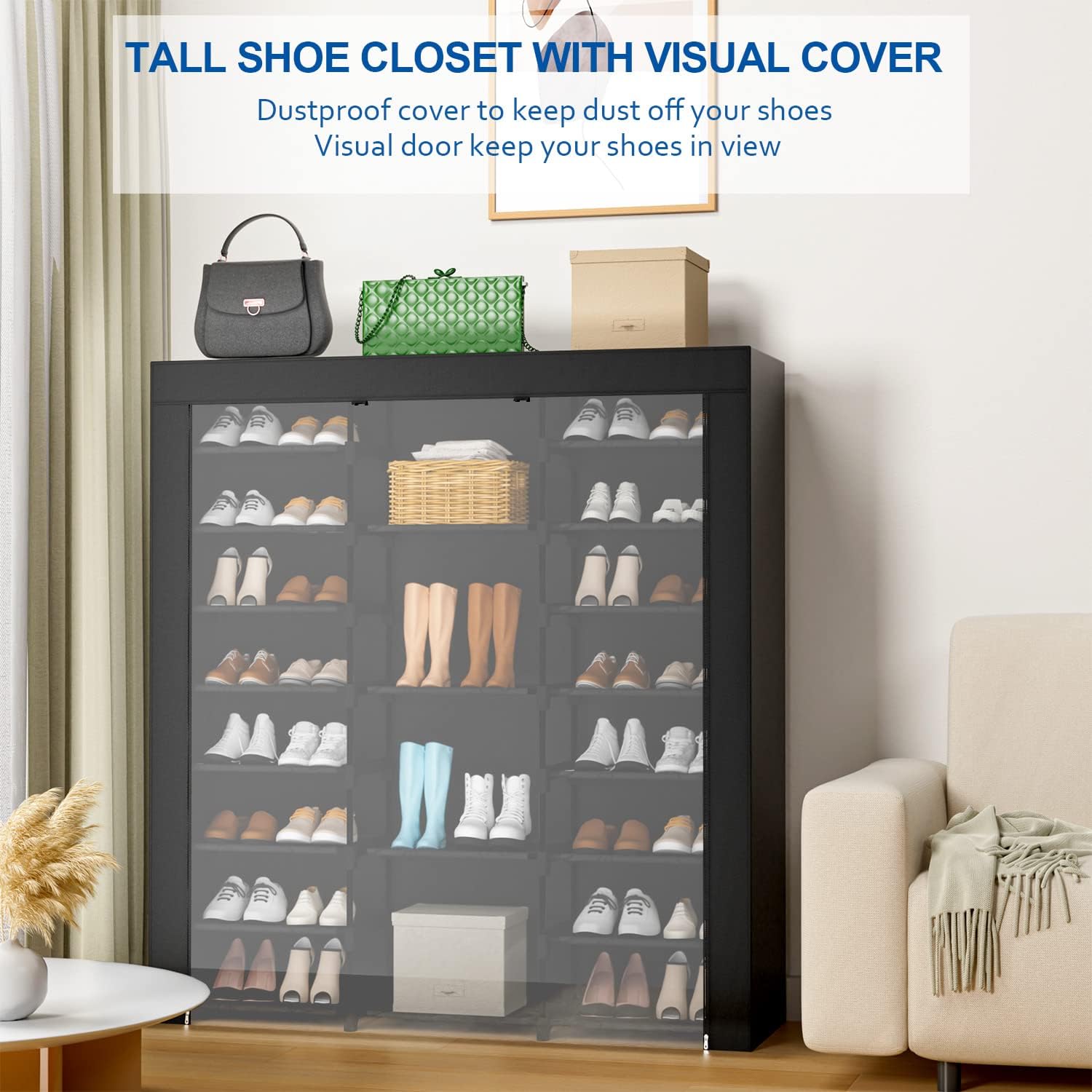 9-Tier Large Tall Shoe Rack with Covers 40-46 Pairs, Sneaker Rack Organizer Shoes Cabinet Closed Shelves Shoe Stand Holder for Garage ,Zapateras Organizer for Shoes 50 Pares