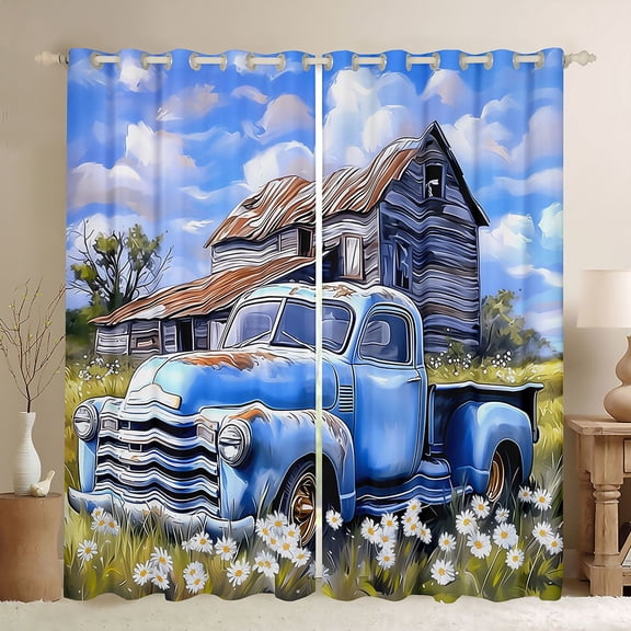 Castle Fairy Watercolor Vintage Pickup Black Out Curtains for Kids, Farm Barn Daisy Curtains Pack of 2 (42x63 Each) for Bedroom, Soft Blue