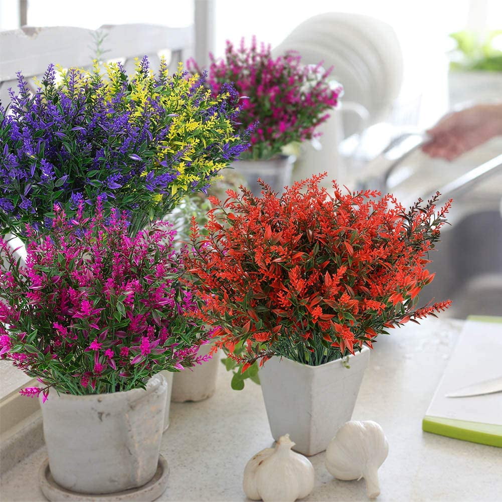 8 Bundles Outdoor Artificial Lavender Fake Flowers UV Resistant Shrubs, Faux Plastic Greenery for Indoor Outside Hanging Plants Garden Porch Window Box Home Wedding Farmhouse Decor (Purple)
