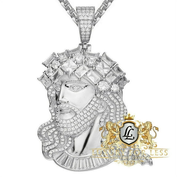 2.5'' Real Silver Baguette Simulated Diamond Jesus Face Charm Pendent 32  Grams Over White Gold Finish