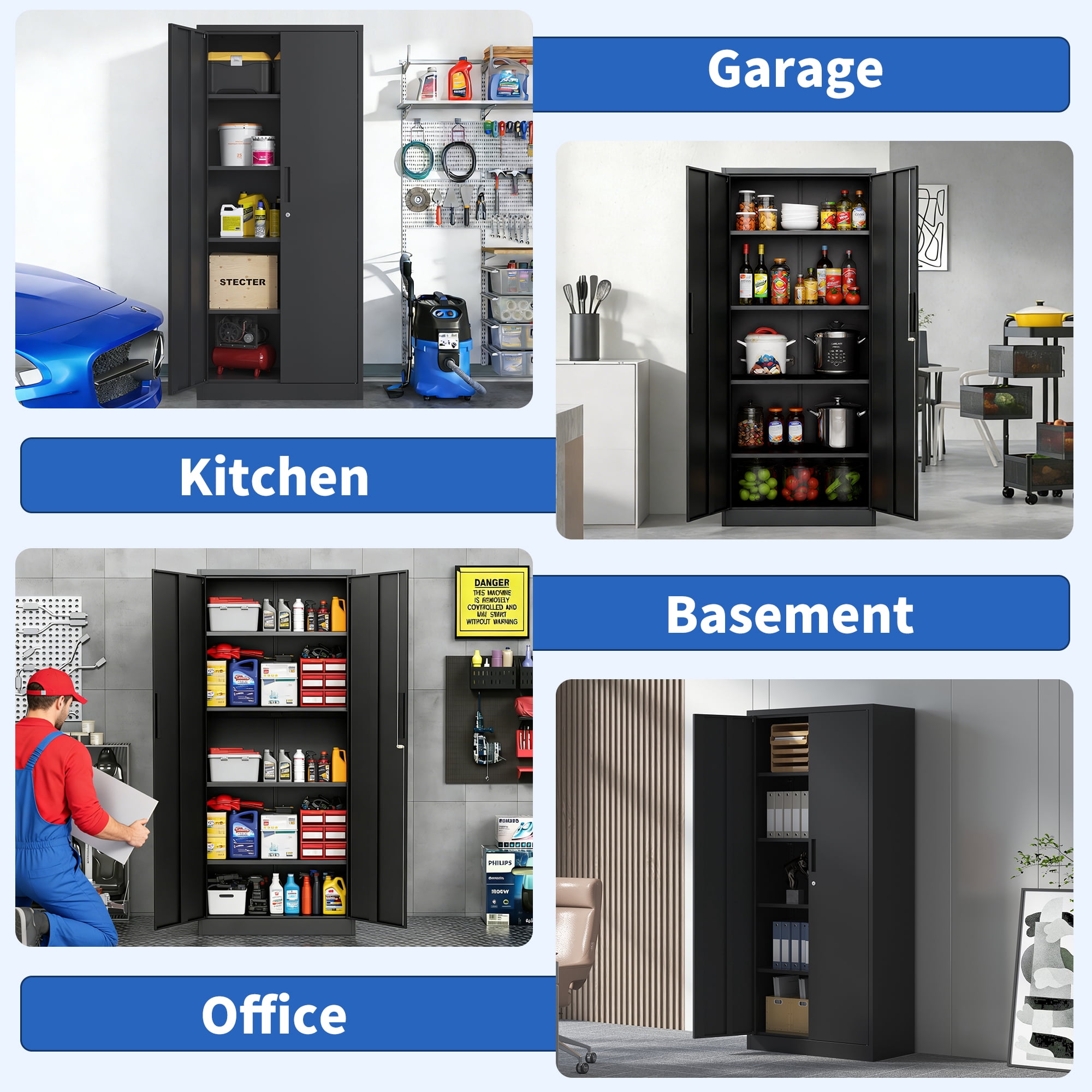 72"H Metal Garage Storage Cabinet, Black Tool Steel Locking Cabinet with Doors and 4 Shelves, Tall Cabinets for Garage Storage Systems Lockable File Cabinet for Home Office, Classroom/Pantry