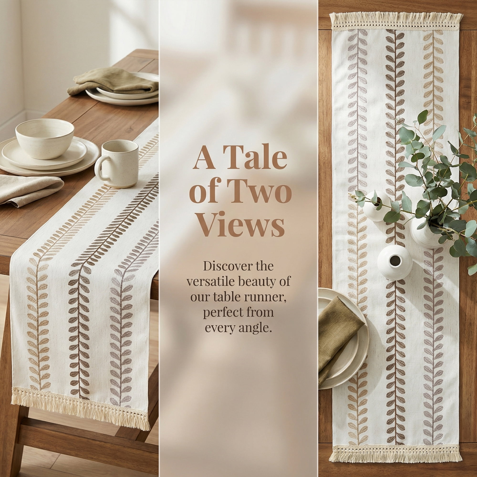 Unique Bargains Polyester Floral with Tassel Table Runner for Kitchen Decor Brown 15.4"x70.9"