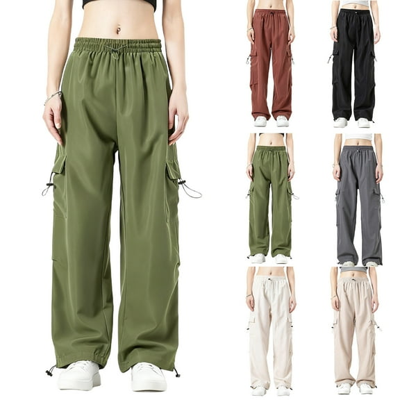 ZZwxWA Womens Cargo Pants High Waisted Baggy Parachute Pants Y2K Streetwear with Pockets Elastic Waist Wide Leg for Hiking