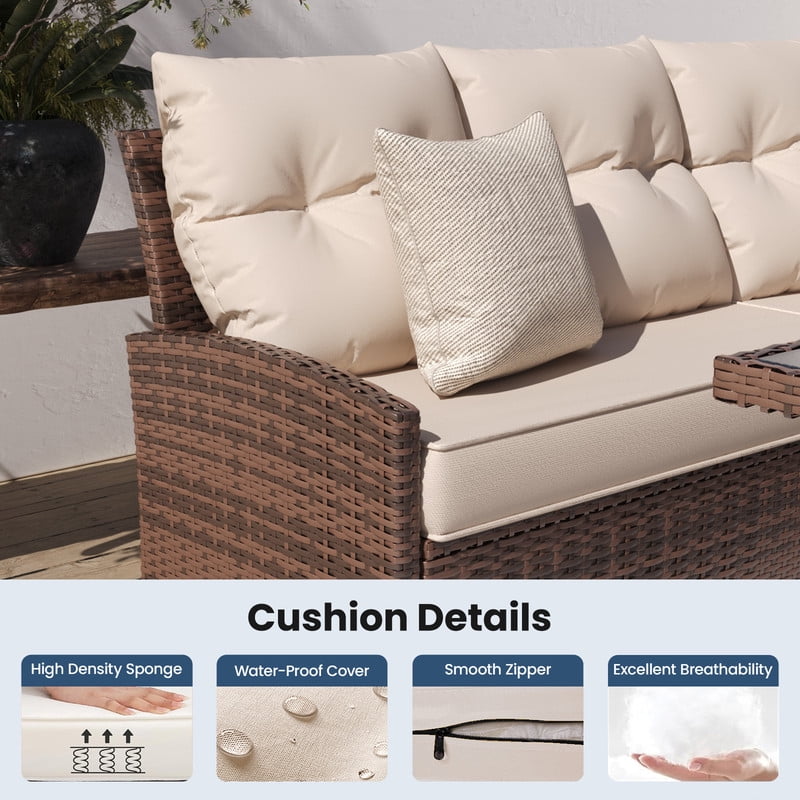AMOPATIO 7-Piece Patio Furniture Set, Outdoor Sectional Sofa with Dining Table, All Weather Rattan Conversation Set with Ottoman, Khaki