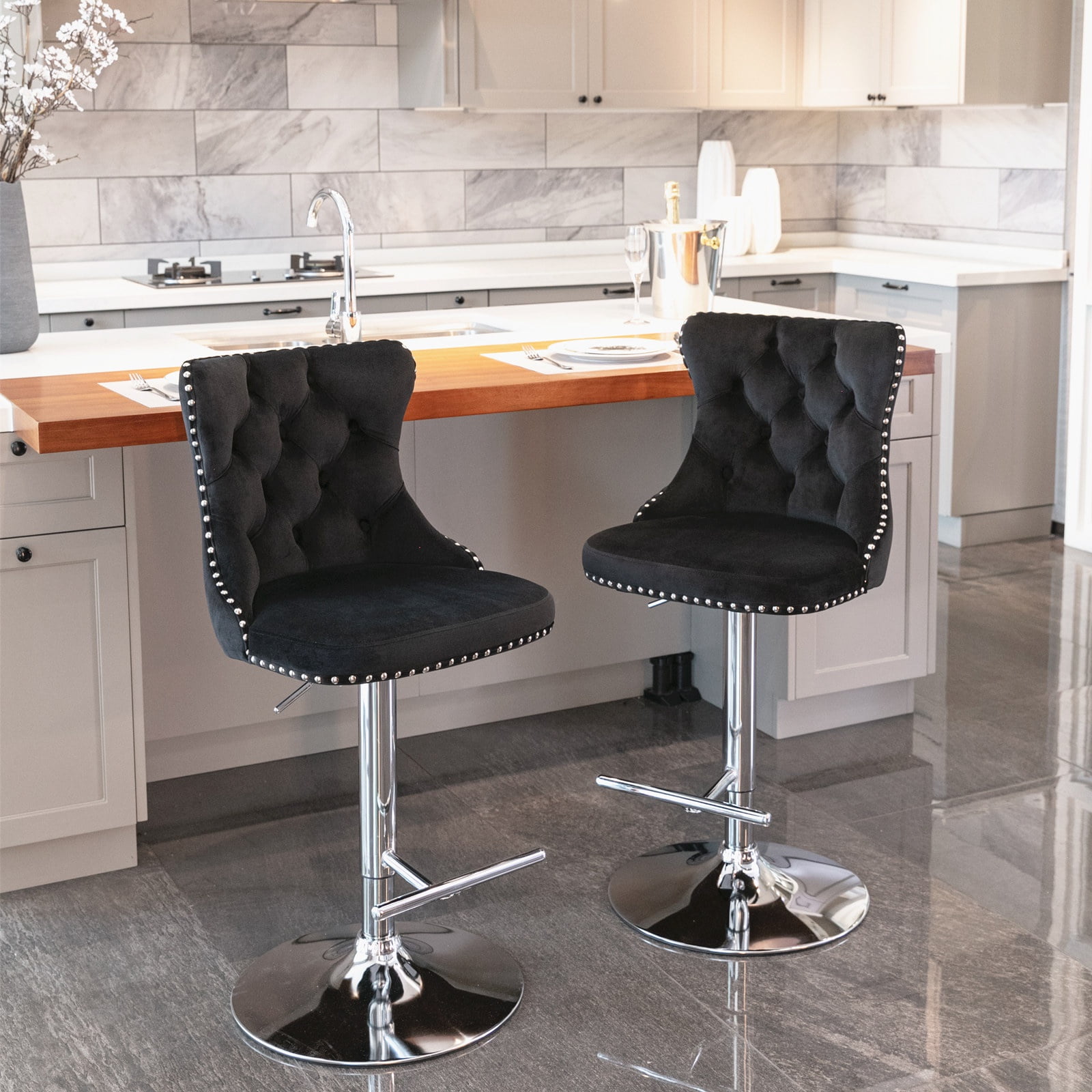 Swivel Bar Stools of 2, LegaHome Velvet Counter Height Barstools, 25-33 Inch Adjustable Height Bar Stools for Kitchen Counter, Modern Upholstered Kitchen Island Chairs, 300lbs Capacity, Black