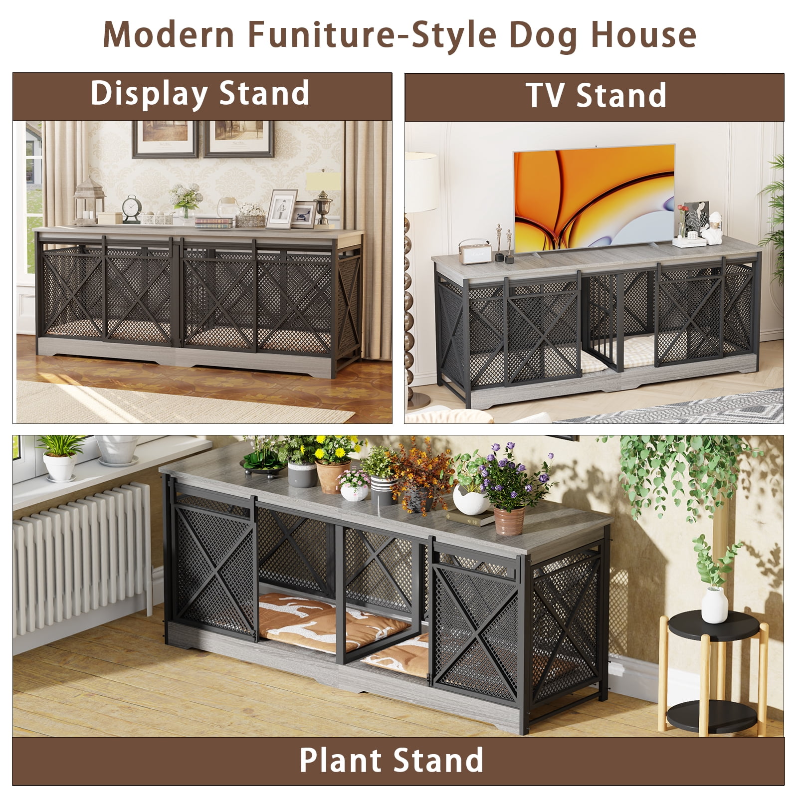 78 inch Double Dog Crate Furniture for 2 Dogs Lager Dog Wooden Crate Kennel table with Removable Divider Indoor Dog House for Small Medium Large Extra Large Size Grey