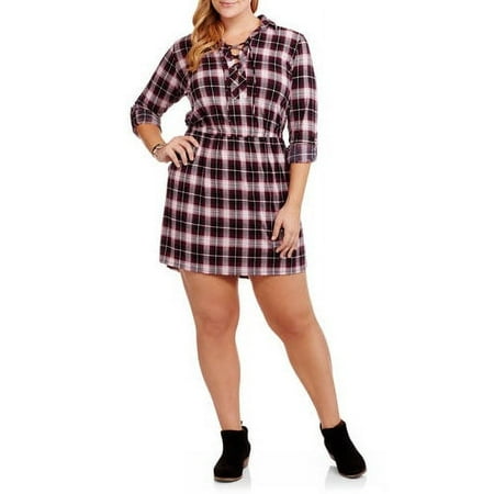 Juniors' Plus Lace Up Plaid Shirt Dress