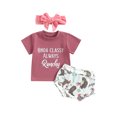 thumbnail image 1 of ZAXARRA Baby Girl 3Pcs Western Clothes, Short Sleeve Tops + Cartoon Print Shorts + Headband Set, 1 of 9