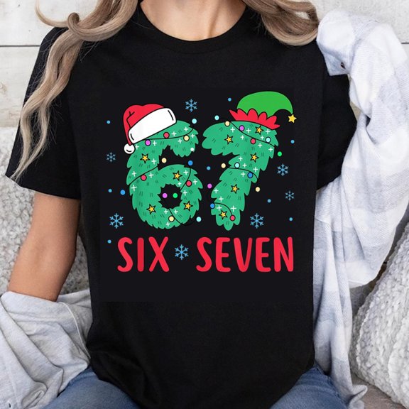 100% Cotton Christmas Tree Number 67 Six Seven Holiday Ugly Sweater Style T-Shirt For Women Men Christmas Party Gift