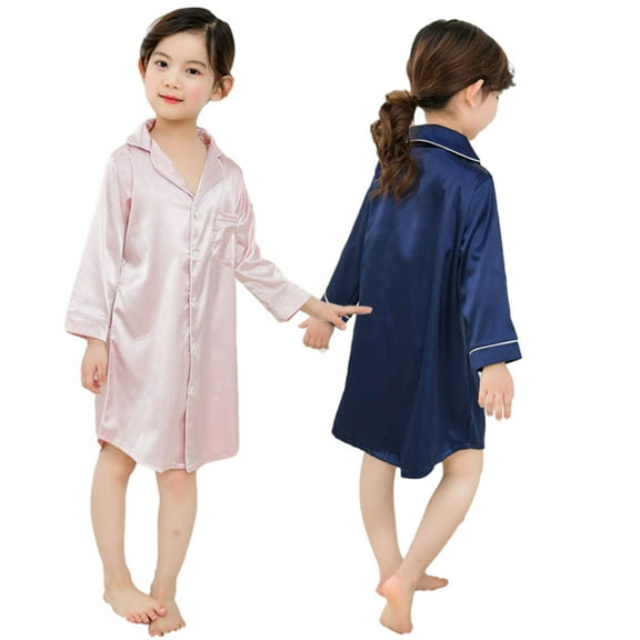 YTDSCS 2-12T Girls Satin Silky Pajamas Dress Kids V-Neck Nightgown Cardigan Robe Toddler Solid Colour Sleepwear for Girls