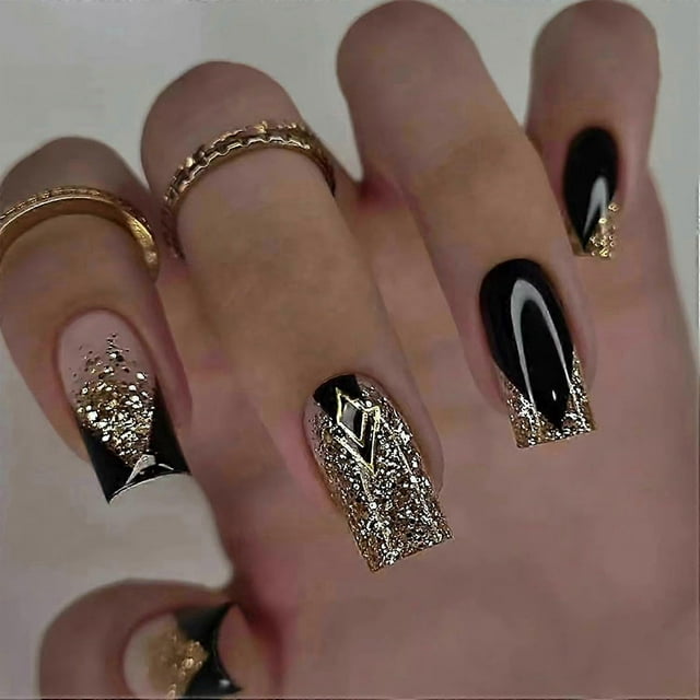 24pcs Gold Press on Nails Medium Square Fake Nails With Black French Tip False Nails Luxury Design Acrylic Glue on Nails Glitter Set Medium Coffin Art