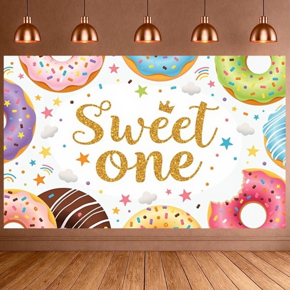 Colorful Donut Sweet One Banner Glitter Gold First Birthday Backdrop Star Pattern Design Sweet Celebration Banner for First Birthday Party Baby Shower Kids Celebration