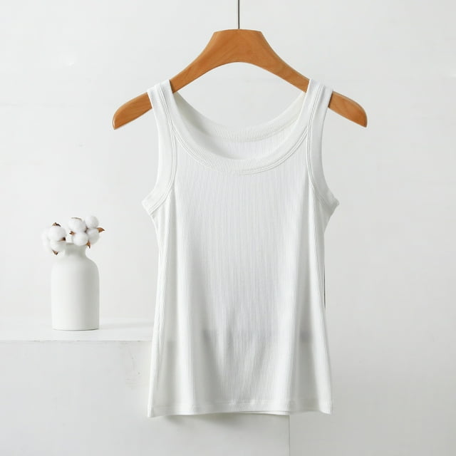 Débardeur en Coton Côtelé Col Rond Femme Été Ajusté Sans Manches T-shirts Basiques Camisole FJH