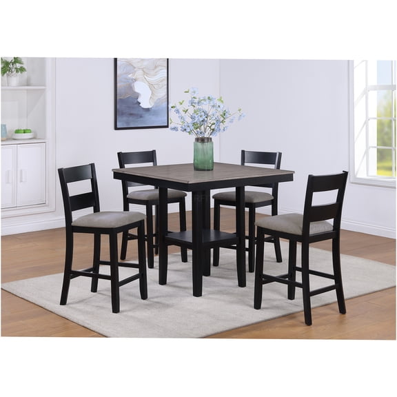 JERFIT 5-Piece Counter Height Dining Set with Square Table and Upholstered Chairs, Farmhouse Style Black and Gray Wood Dinette for Kitchen and Dining Room