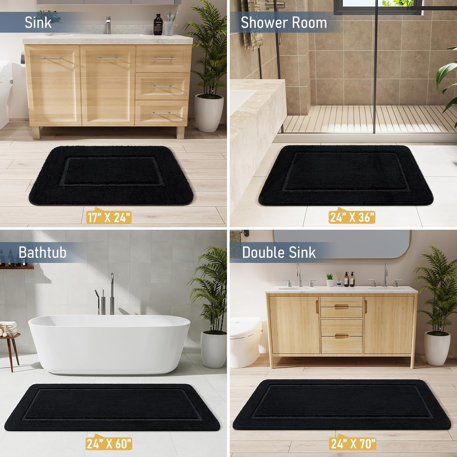 MEC Bathroom Rugs, 24" x 60" Long Bath Rug, Non Slip Washable Bathroom Runner Rug Soft Thick Absorbent Bath Mat for Shower, Shaggy Plush Luxury Large Bath Rug, Black