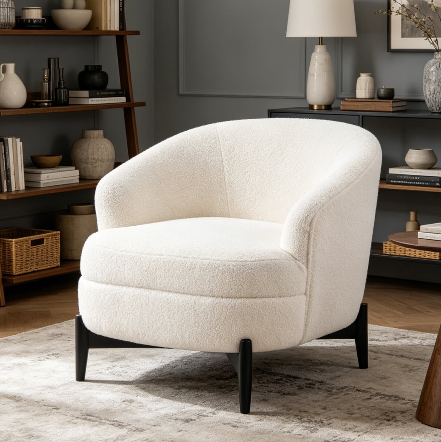 Gewnee 33.07"Barrel Accent Chair,Modern Upholstered Reading Chair with Pocket Spring & Foam Seat,Velvet Armchair for Living Room,Bedroom.White